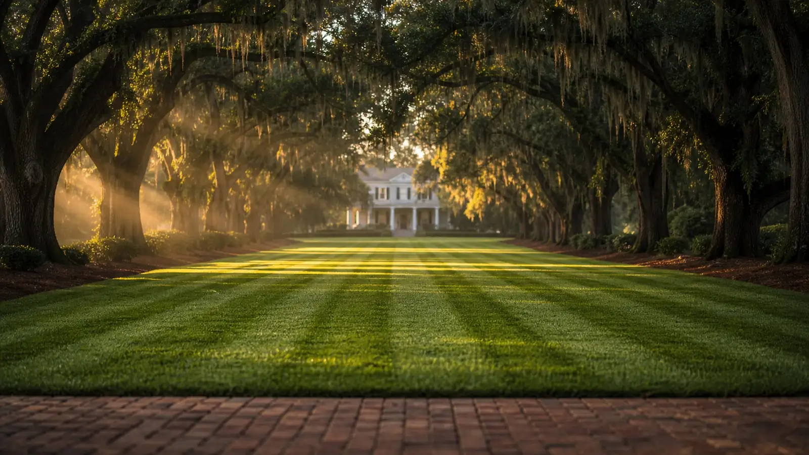 A freshly striped St. Augustine lawn under live oak canopy draped with Spanish moss, early morning in Tallahassee