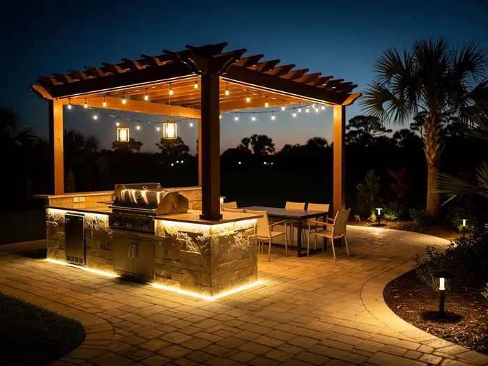 A finished outdoor kitchen and paver patio glowing at blue hour in a North Florida backyard