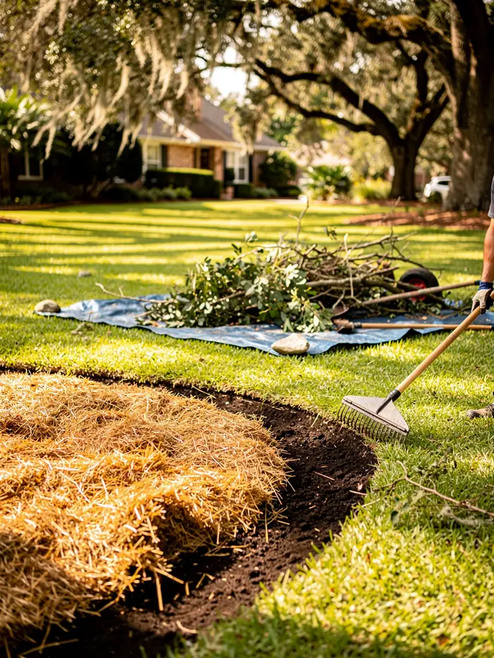 An overgrown property mid-cleanup with cut brush staged for haul-off