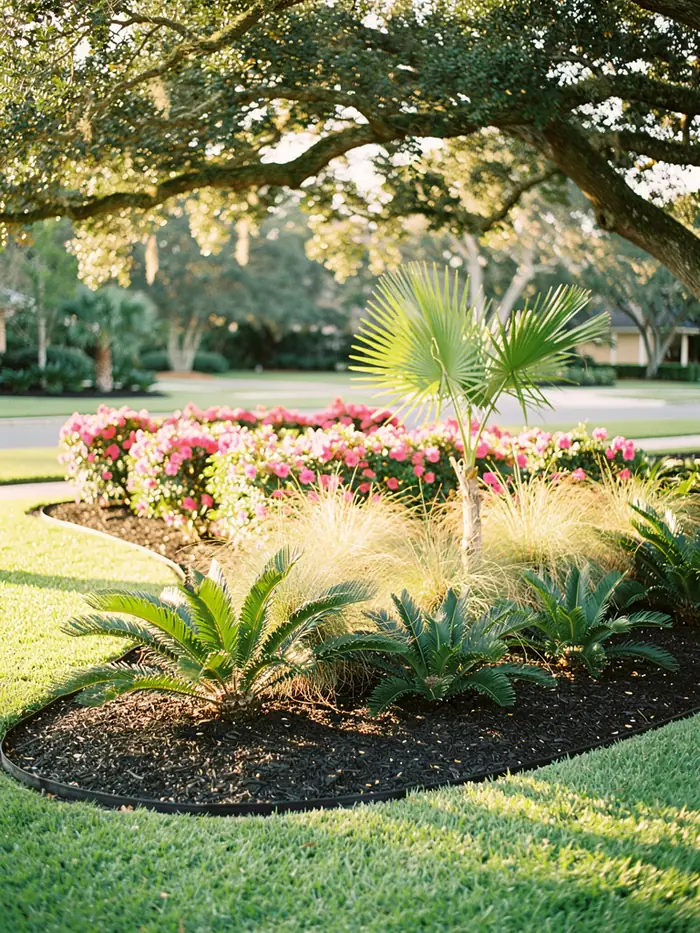 A newly installed planting bed with palms and ornamental grasses along a walkway