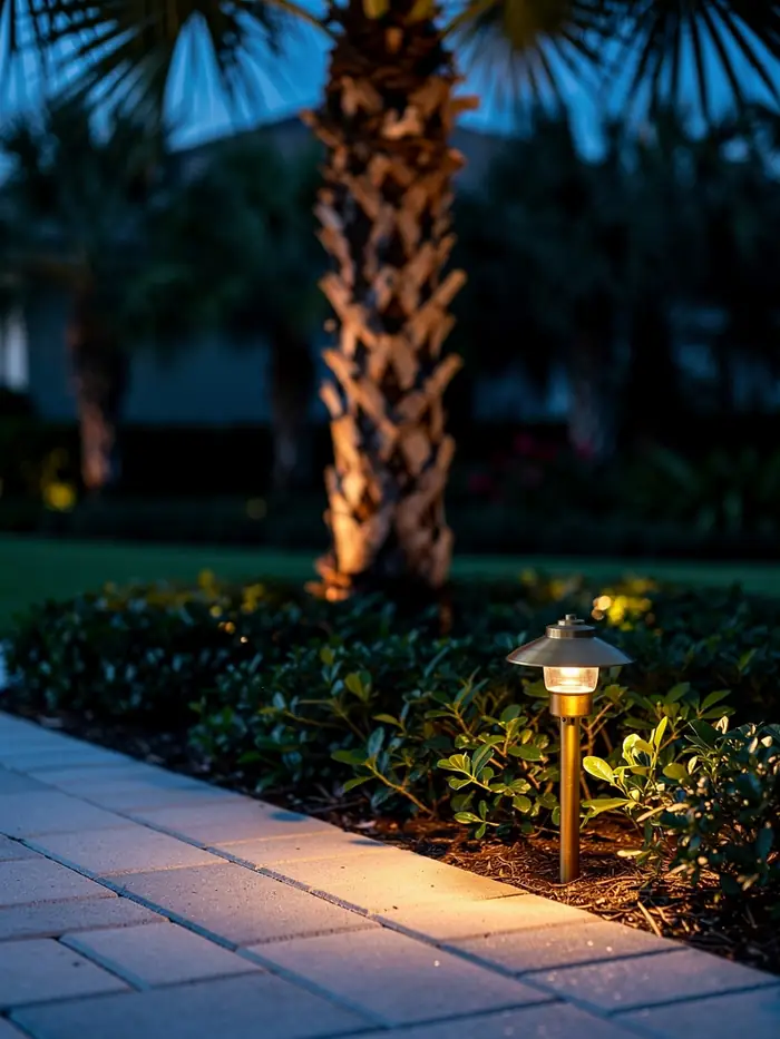Warm low voltage uplighting on a live oak and a lit garden path at dusk
