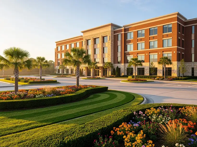 A commercial property frontage with maintained turf, trimmed hedges and seasonal color